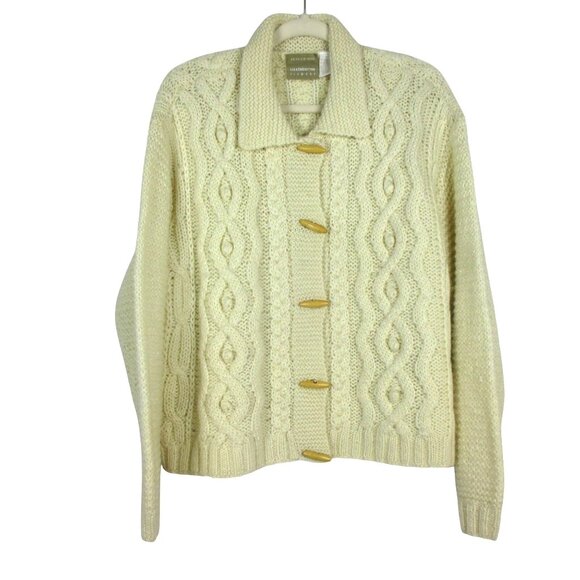 Liz Claiborne Cardigan Sweater Size L Vintage Hand Knit Wood Buttons Cable Knit - Picture 1 of 7
